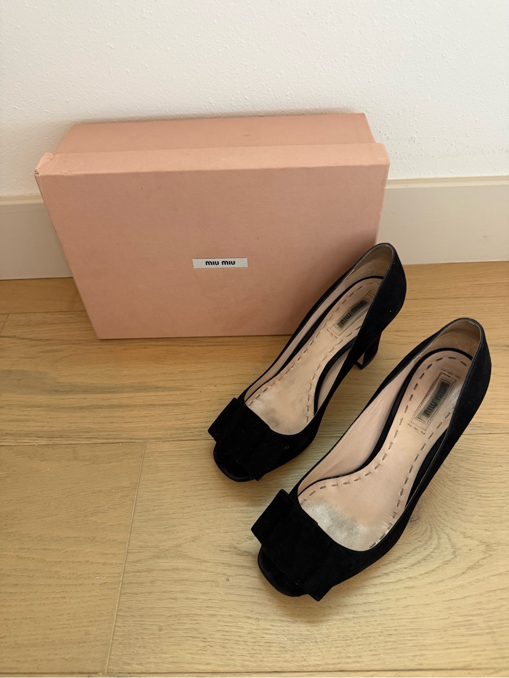 Miu Miu Black Suede Peep-Toe Pumps With Bow Detail